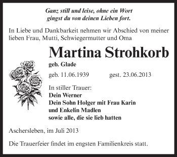 Traueranzeige von Martina Strohkorb von WVG - Wochenspiegel Aschersleben