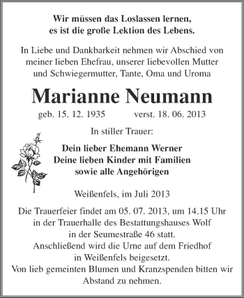 Traueranzeige von Marianne Neumann von WVG - Wochenspiegel NMB / WSF / ZTZ