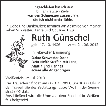 Traueranzeige von Ruth Günschel von WVG - Wochenspiegel NMB / WSF / ZTZ