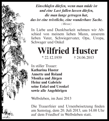 Traueranzeige von Wilfried Huster von WVG - Wochenspiegel Aschersleben
