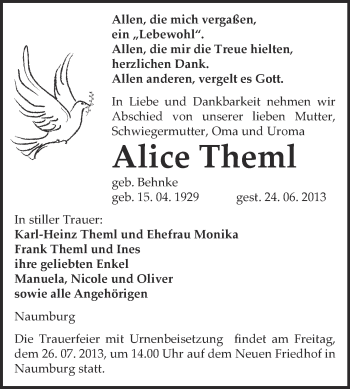 Traueranzeige von Alice Theml von WVG - Wochenspiegel NMB / WSF / ZTZ