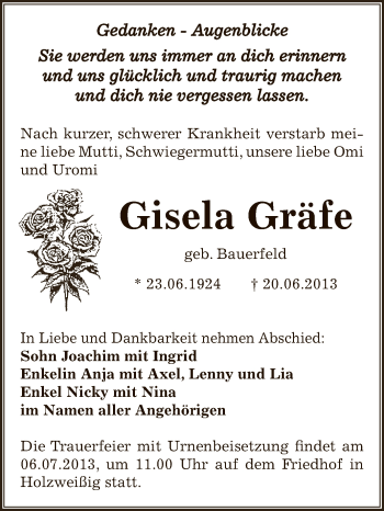 Traueranzeige von Gisela Gräfe von WVG - Wochenspiegel Bitterfeld