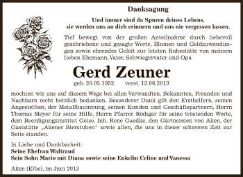 Traueranzeige von Gerd Zeuner von WVG - Wochenspiegel Dessau / Köthen