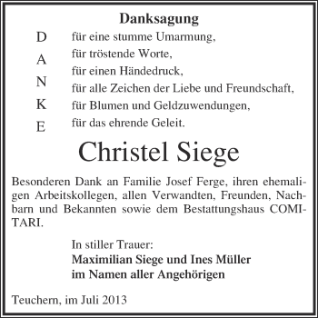 Traueranzeige von Christel Siege von WVG - Wochenspiegel NMB / WSF / ZTZ
