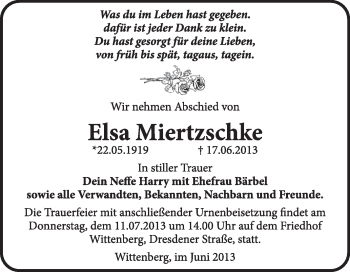 Traueranzeige von Elsa Miertzschke von WVG - Wochenspiegel Wittenberg