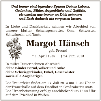 Traueranzeige von Margot Hänsch von WVG - Wochenspiegel Bitterfeld