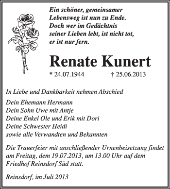 Traueranzeige von Renate Kunert von WVG - Wochenspiegel Wittenberg