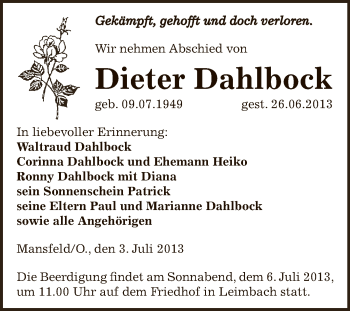 Traueranzeige von Dieter Dahlbock von Wochenspiegel Mansfelder Land