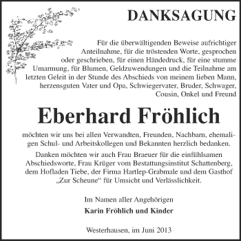 Traueranzeige von Eberhard Fröhlich von WVG - Wochenspiegel Quedlinburg