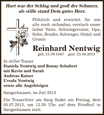 Traueranzeige von Reinhard Nentwig von WVG - Wochenspiegel SGH