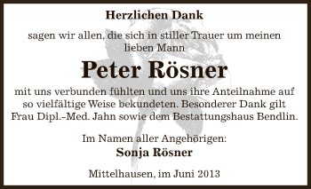 Traueranzeige von Peter Rösner von WVG - Wochenspiegel SGH