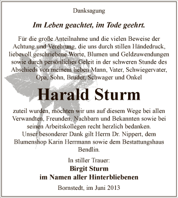 Traueranzeige von Harald Sturm von WVG - Wochenspiegel SGH