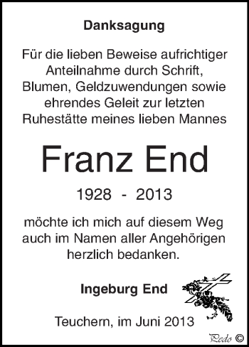 Traueranzeige von Franz End von WVG - Wochenspiegel NMB / WSF / ZTZ