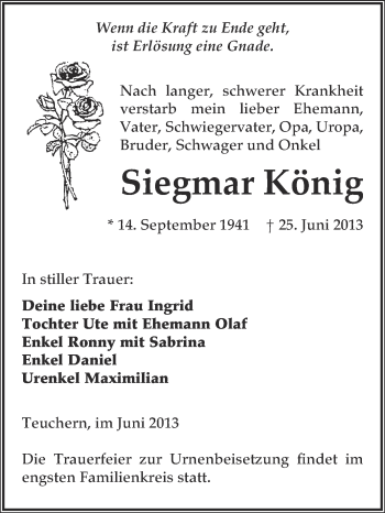 Traueranzeige von Siegmar König von WVG - Wochenspiegel NMB / WSF / ZTZ