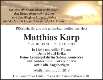 Traueranzeige von Matthias Karp von Super Sonntag Merseburg