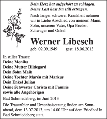 Traueranzeige von Werner Libesch von WVG - Wochenspiegel Wittenberg