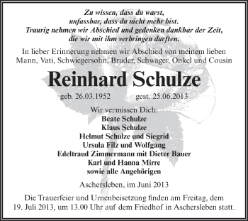 Traueranzeige von Reinhard Schulze von WVG - Wochenspiegel Aschersleben
