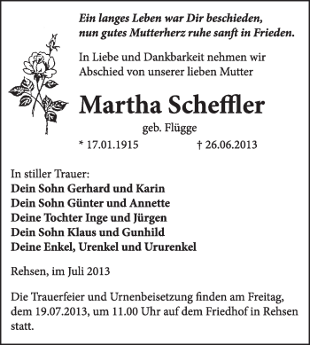 Traueranzeige von Martha Scheffler von WVG - Wochenspiegel Wittenberg