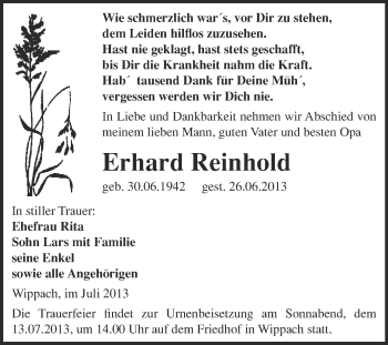 Traueranzeige von Erhard Reinhold von WVG - Wochenspiegel NMB / WSF / ZTZ