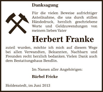 Traueranzeige von Herbert Franke von WVG - Wochenspiegel SGH
