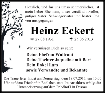 Traueranzeige von Heinz Eckert von WVG - Wochenspiegel Dessau / Köthen