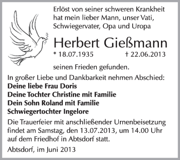 Traueranzeige von Herbert Gießmann von Super Sonntag Wittenberg