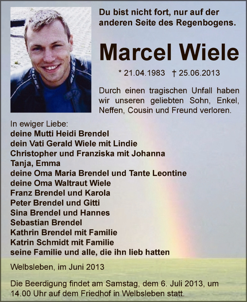  Traueranzeige für Marcel Wiele vom 03.07.2013 aus Wochenspiegel Mansfelder Land
