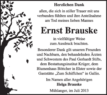Traueranzeige von Ernst Brauske von WVG - Wochenspiegel Wittenberg