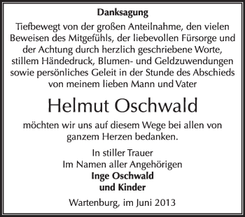 Traueranzeige von Helmut Oschwald von WVG - Wochenspiegel Wittenberg