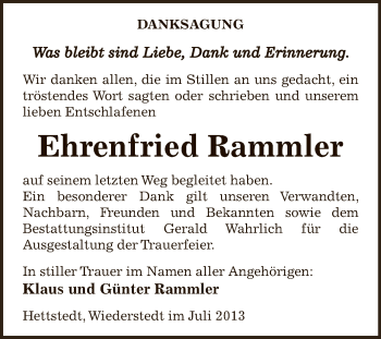 Traueranzeige von Ehrenfried Rammler von Wochenspiegel Mansfelder Land
