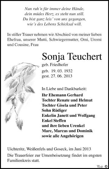 Traueranzeige von Sonja Teuchert von WVG - Wochenspiegel NMB / WSF / ZTZ