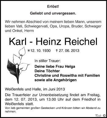 Traueranzeige von Karl-Heinz Reichel von WVG - Wochenspiegel NMB / WSF / ZTZ