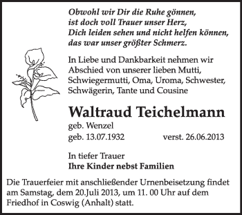 Traueranzeige von Waltraud Teichelmann von Super Sonntag Wittenberg