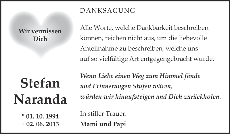  Traueranzeige für Stefan Naranda vom 03.07.2013 aus Super Sonntag Merseburg