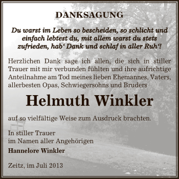 Traueranzeige von Helmuth Winkler von Super Sonntag Zeitz