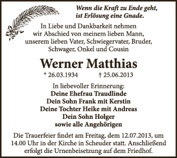Traueranzeige von Werner Matthias von WVG - Wochenspiegel Dessau / Köthen
