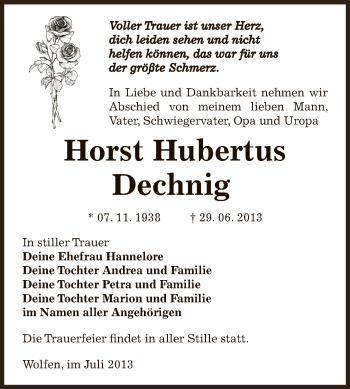 Traueranzeige von Horst Hubertus Dechnig von WVG - Wochenspiegel Bitterfeld