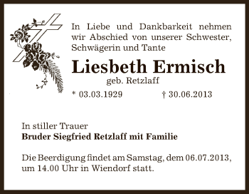 Traueranzeige von Liesbeth Ermisch von WVG - Wochenspiegel Bernburg
