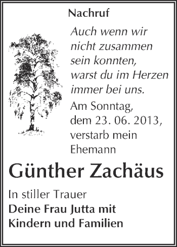 Traueranzeige von Günther Zachäus von WVG - Wochenspiegel Merseburg