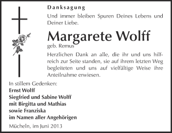 Traueranzeige von Margarete Wolff von WVG - Wochenspiegel Merseburg