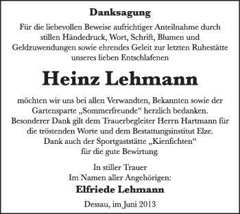 Traueranzeige von Heinz  Lehmann von Super Sonntag Dessau / Köthen