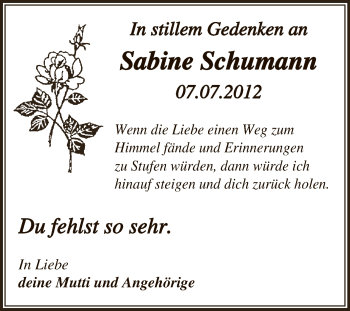 Traueranzeige von Sabine Schumann von Super Sonntag Bernburg