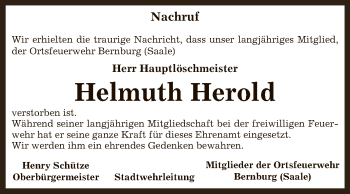 Traueranzeige von Helmuth Herold von Super Sonntag Bernburg