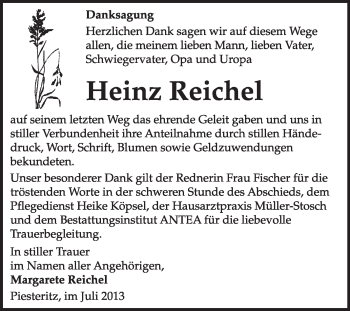 Traueranzeige von Heinz Reichel von Super Sonntag Wittenberg