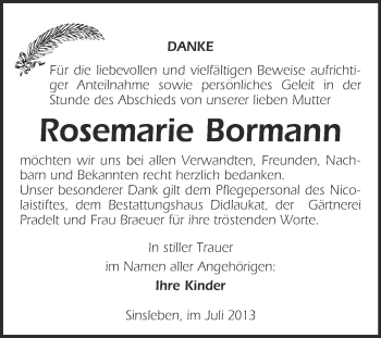 Traueranzeige von Rosemarie Bormann von WVG - Wochenspiegel Quedlinburg
