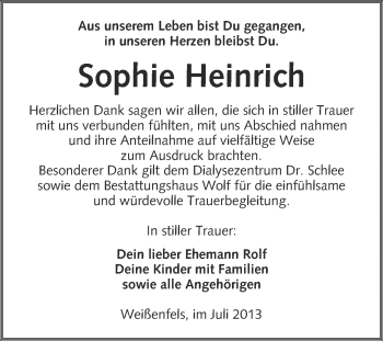 Traueranzeige von Sophie Heinrich von WVG - Wochenspiegel NMB / WSF / ZTZ