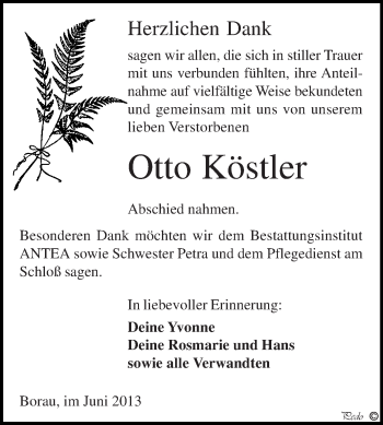 Traueranzeige von Otto Köstler von WVG - Wochenspiegel NMB / WSF / ZTZ
