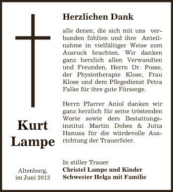 Traueranzeige von Kurt Lampe von Super Sonntag Bernburg