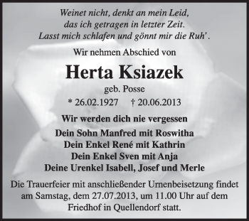 Traueranzeige von Herta Ksiazek von Super Sonntag Dessau / Köthen
