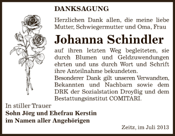 Traueranzeige von Johanna Schindler von Super Sonntag Zeitz